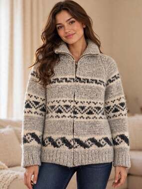 Cowichan Style Hand Knit Wool Zip Cardigan Sweater Jacket L Grey Fair Isle M-L